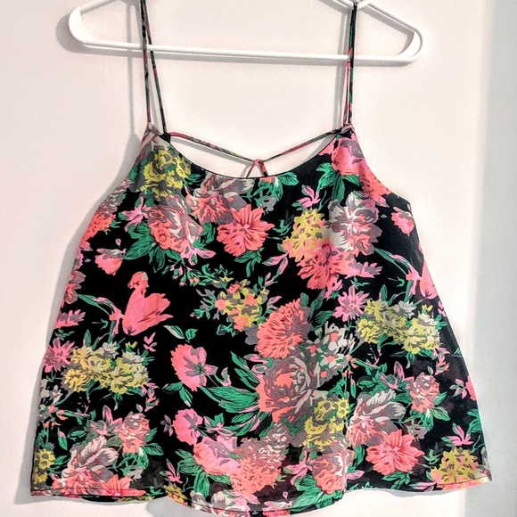 Sans Souci ⭐ Trapeze Crop Top Tank Blk Floral MED - Picture 2 of 6